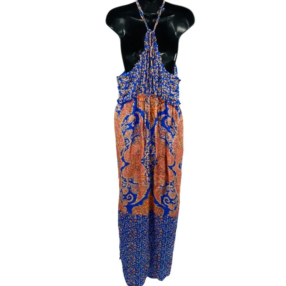Free People bohemian silk blue & orange maxi dress